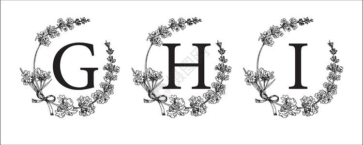 字母标志GHI 字母 设置现代手绘雕刻素描插图 薰衣草环与字母组合 婚礼装饰的好主意 老式矢量印刷会徽标志标签设计设计图片