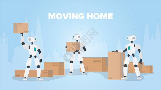人工智能物联搬家横幅 搬到一个新的地方 一个白色机器人拿着一个盒子 纸箱 未来使用机器人运送和装载货物的概念 向量乐趣运输人工智能工人电脑服设计图片