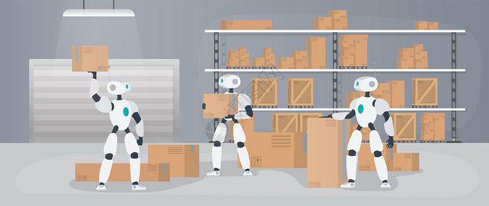 孤独盒子人机器人在制造仓库中工作 机器人搬运箱子并举起负载 货物运输和装载的未来概念 有箱子和板台的大仓库 向量托盘进步出口盒子电子人纸板插画