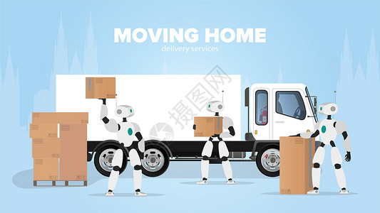 人工智能物联搬家横幅 搬到一个新的地方 一个白色机器人拿着一个盒子 纸箱 未来使用机器人运送和装载货物的概念 向量物流家庭货运技术纸盒机器服设计图片
