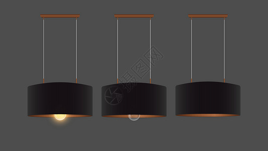 室内设计工作室向量集的现实黑色吊灯 吸顶灯 阁楼风格 室内设计元素展示小样聚光灯海报灯泡推介会工作室木板纸板框架插画