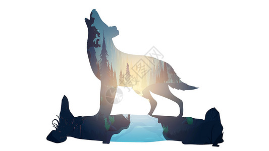 动物狼设计狼里面的森林 一只嚎叫的狼的轮廓 里面是一片神秘的夜林 有月亮和飞鸟 适合设计明信片和 T 恤 矢量插图隔离插画