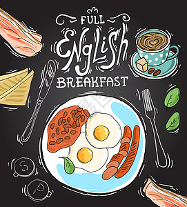 全套英式早餐 漂亮的手绘矢量食物插画英语绘画黄油菜单午餐香肠豆子美食盘子粉笔插画