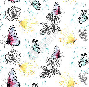 粉红色 蓝色和黄色的蝴蝶与花朵图案 水彩画上的黑线叶子翅膀装饰品花瓣绘画纺织品艺术墙纸白色涂鸦背景图片