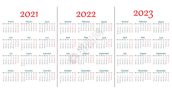 2021 2022 2023日历 周一 矢量插图 平面设计英语口袋传单时间季节日程海报公司商业数字背景图片