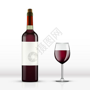 红酒葡萄园逼真的打开红酒瓶与酒杯隔离在惠特液体葡萄园饮料小样酒吧器皿标签阴影藤蔓瓶子插画