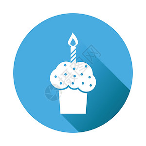 生日蛋糕图标生日蛋糕平面图标 蓝色圆形背景上的新鲜馅饼松饼杯子巧克力甜点水果插图食物奶油面包糖果庆典插画