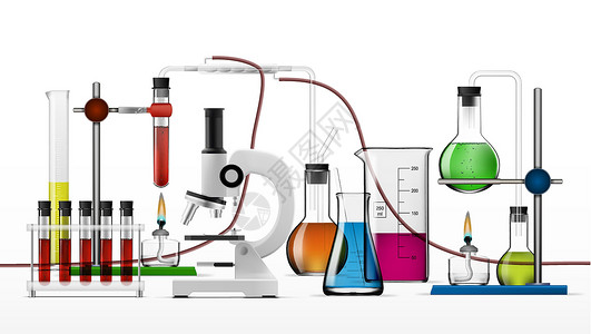 蒸馏逼真的化学实验室设备套装 玻璃烧瓶烧杯酒精灯测试技术化学品乐器器皿药理插图创新科学微生物学设计图片