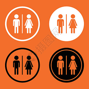 WCtoilet 平面矢量图标 男人和女人在橙色背景下签到洗手间浴室房间餐厅性别塑料民众卫生休息标准指示牌背景图片