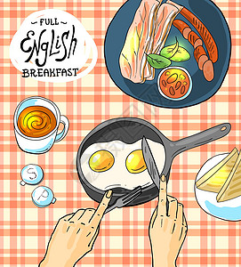 全套英式早餐 漂亮的手绘矢量食物插画卡片面包午餐熏肉咖啡店烹饪美食厨房英语豆子插画