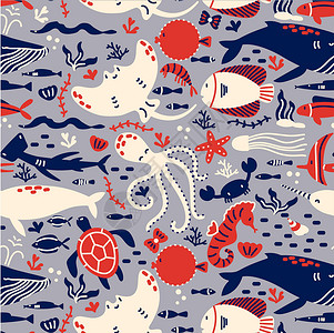 手绘海洋生物鱼海洋生物无缝模式设计图片