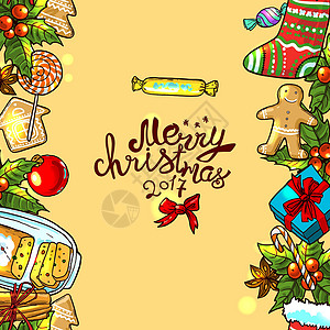 圣诞树状边框插图圣诞边框横幅季节松树框架邀请函海报庆典装饰品丝带金子插画