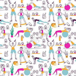 网 网页活力身体房子活动力量健身房卡通片灵活性瑜伽手绘背景图片