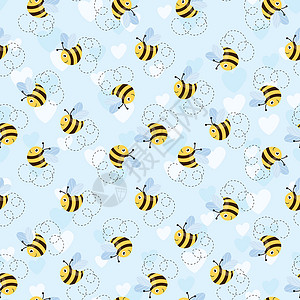 与蜜蜂和心在彩色背景上的无缝模式 小黄蜂 矢量图 可爱的卡通人物 邀请卡纺织面料的模板设计 涂鸦风格产品漏洞动物野生动物吉祥物质背景图片