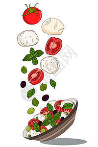卡普雷塞沙拉 马苏里拉奶酪番茄紫罗勒 健康的素食地中海食品概念 白色背景上的矢量手绘插图餐厅沙拉盘子饮食食物美食吃饭烹饪叶子小吃插画