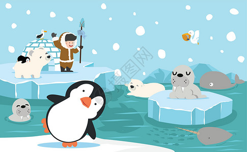卡通企鹅和宝宝北极动物背景卡通漫画设计图片