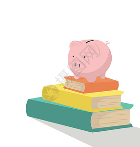 小猪钱罐猪银行的书堆插画