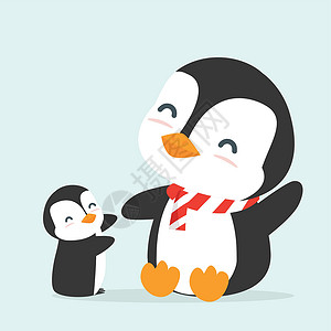 打伞的小企鹅与儿童企鹅病媒坐在一起的可爱企鹅插画