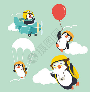天空中可爱企鹅的卡通矢量图片素材