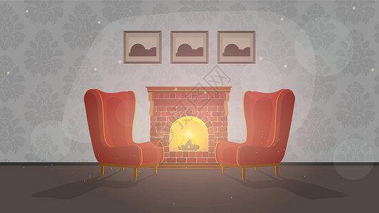老沙发有壁炉的古老房间 变装室 旧式扶手椅 壁炉 火灾 向量阴影插图花瓶地毯建筑学卡通片家具木地板椅子风格插画