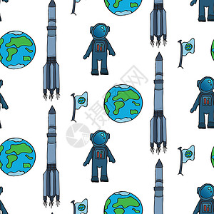 手绘火箭或宇宙飞船与宇航员在开放空间无缝模式漫画卡通设计 宇航员车辆的矢量符号科学世界涂鸦流星星系墙纸星星卫星月球彗星插画