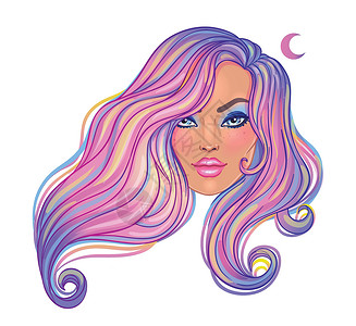 一个女人画像美丽的女人染成波浪形的紫色长发在风中飘扬 美发沙龙的概念 孤立的矢量插图 一个年轻的白人女人的画像设计图片