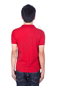 男子穿着红色马球衬衫 在白色背景上被孤立背面成人衣服男人广告冒充身体牛仔裤空白男性男生背景图片
