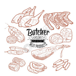 牛排和香肠肉制品和香肠羊肉熏肉杂货店市场涂鸦厨房胸部烧烤熟食屠夫插画