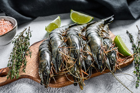 新鲜的老虎虾 有香料和草药的虾 在切削板上 灰色背景食物海鲜黑虎甲壳动物国王贝类背景图片