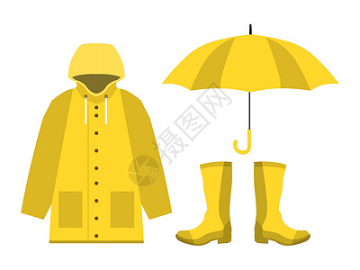 黄色伞雨衣橡胶靴打开雨季雨伞套装白色背景设计 vecto插画