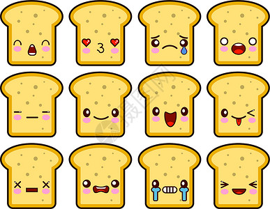 早餐面包片面包片吐司卡通吉祥物人物有趣的卡通片在可爱的脸上设置了不同的情绪 平面设计矢量插画