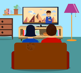 家庭男女在客厅一起观看电视每日新闻节目 平面设计 矢量插图等内容背景图片