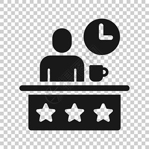 一个人喝咖啡以平板风格显示表格和时钟图标的人;在白色孤立背景上合用空间矢量说明;酒店接待工作场所业务概念 (单位 千美元)设计图片