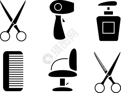 理发师椅一套理发饰品的图标 如剪刀 干毛机梳子椅洗发间 理发店工具 白色背景上的矢量插图插画