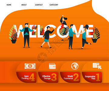 欢迎词以橙色为主题 周围有很多人 可用于登陆页面 模板 用户界面 网络 移动应用程序 海报 横幅 传单 矢量图 在线推广 网络营背景图片