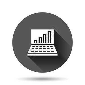 平面样式的笔记本电脑图表图标 具有长阴影效果的黑色圆形背景上的 SEO 数据矢量插图 计算机图圆圈按钮的经营理念统计技术商业网站背景图片