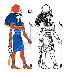 古埃及人埃及太阳神 Ra 的肖像 古埃及最重要的神 也被称为 AmunRa 和 矢量隔离插图 有鹰头和太阳圆盘的人文化上帝绘画神话旅行宗插画