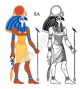 古埃及人埃及太阳神 Ra 的肖像 古埃及最重要的神 也被称为 AmunRa 和 矢量隔离插图 有鹰头和太阳圆盘的人古董艺术旅行法老绘画神插画
