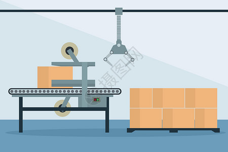 全自动工业装箱封箱生产线工具盒子机器人植物起重机腰带生产工厂贮存工程插画