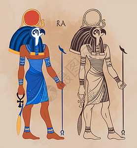古埃及人埃及太阳神 Ra 的肖像 古埃及最重要的神 也被称为 AmunRa 和 矢量隔离插图 有鹰头和太阳圆盘的人艺术力量精神历史性旅游插画