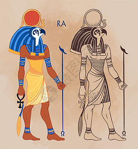 古埃及人埃及太阳神 Ra 的肖像 古埃及最重要的神 也被称为 AmunRa 和 矢量隔离插图 有鹰头和太阳圆盘的人文化上帝旅行法老精神绘插画