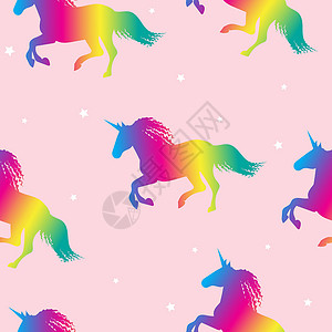 彩虹独角兽在粉红背景和星星上 无缝模式背景图片