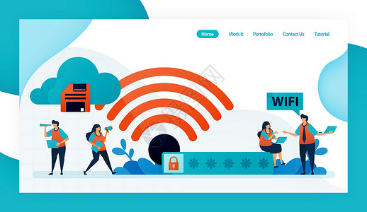登录页面素材用于 wifi 连接和保护 wifi 互联网访问 带密码的 wifi 防火墙安全 安全访问和连接的登陆页面和网站 矢量设计传单海插画