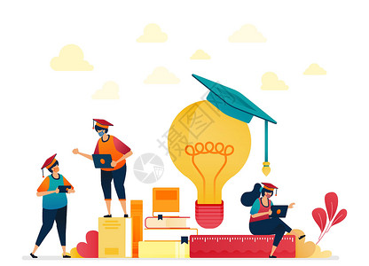戴着毕业帽的人 成堆的书 灯泡 学校和学习学生的文具 来自阅读的想法 网站 移动应用程序 横幅 模板 海报 传单的矢量插图设计图片