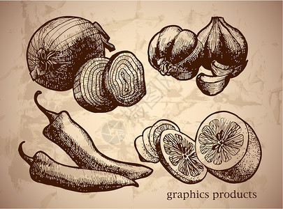倒出去食物一套产品食物水果素描柠檬农业胡椒草图花园艺术绘画设计图片