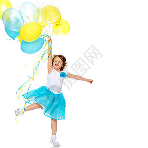 有多色气球的小女孩白色快乐乐趣幸福孩子童年派对生日孩子们喜悦背景图片