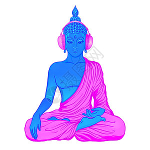 瑜伽音乐现代佛祖在耳机中收听音乐 用白色隔绝的纳恩色矢量插图灵敏精神成份印度语 佛教 通俗音乐文化宇宙宗教派对瑜伽节奏标识冥想狂欢活力设计图片