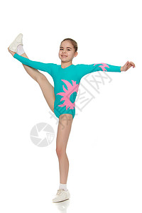 女青年杂技演员进行锻炼舞蹈戏服童年孩子们训练平衡姿势灵活性芭蕾舞绳索美丽的高清图片素材