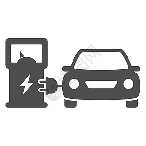 充电头充电带电插头充电的电动生态汽车在白色背景隔离的充电站图标上充电 用于 web 移动和用户界面设计的电动生态汽车平面图标 电动生态交通插画