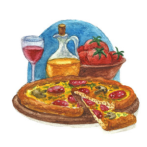 意大利葡萄酒番茄比萨面团食物插图小吃香肠墨水飞溅艺术水彩水彩画插画